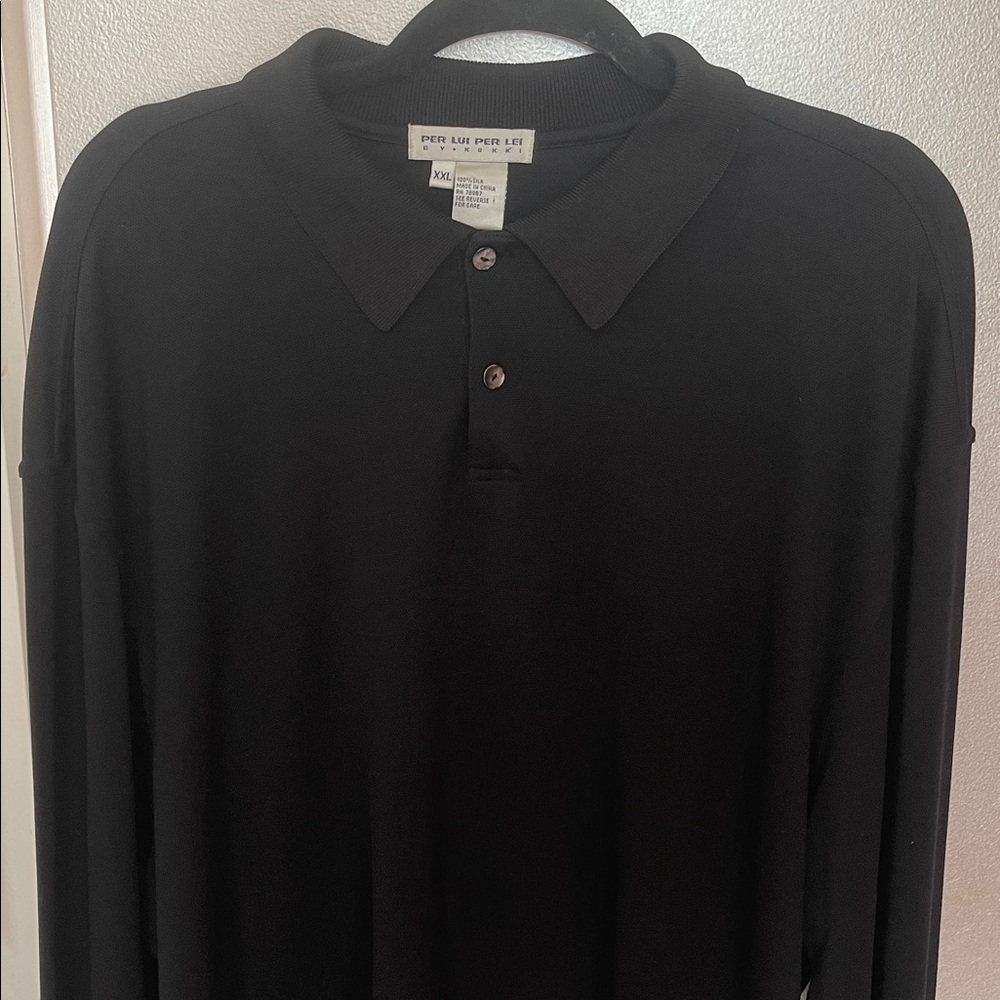 XXL- Black 100% Silk Sweater with Shell Buttons , Lightweight Knit Long Sleeve